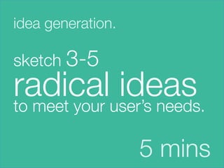 idea generation.





sketch 3-5    
radicaluser’s needs. 

to meet your
             ideas
                    5 mins
 