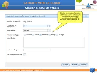 LA ROUTE VERS LE CLOUD
                               Création de serveurs virtuels

                                                               Sélection parmi des configurations
                                                               pré définies, évitant à l'utilisateur la
                                                                   connaissance de nombreux
                                                                  paramètre stechniques (CPU
                                                               allocations, memory settings, etc.)




En route vers le CLOUD | Speed Dating IBM | 30 Nov. 2011                                                  11
 