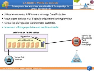 LA ROUTE VERS LE CLOUD
             Sauvegarder les Machines virtuellesTivoli Storage Mgr for
                              Virtual Environment

 Utiliser les nouveaux API Vmware Vstorage Data Protection
 Aucun agent dans les VM. S'appuie uniquement sur l'Hyperviseur
 Permet les sauvegardes incrémentales ou totales,
 Le serveur vStorage peut être une machine virtuelle

              VMware ESX / ESXi Server
                          Hypervisor                                     Serveur de
                                                                         Sauvegarde
                      Virtual Machines                                   Tivoli
                                                                         Storage
                                                                         Manageger




                 Virtual Disk
                 Volumes



 En route vers le CLOUD | Speed Dating IBM | 30 Nov. 2011                      6
 