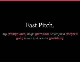Fast Pitch.
My [design idea] helps [persona] accomplish [target’s
goal] which will resolve [problem].
 