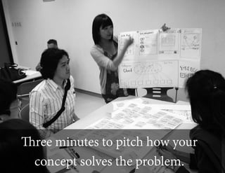 Three minutes to pitch how your
concept solves the problem.
 