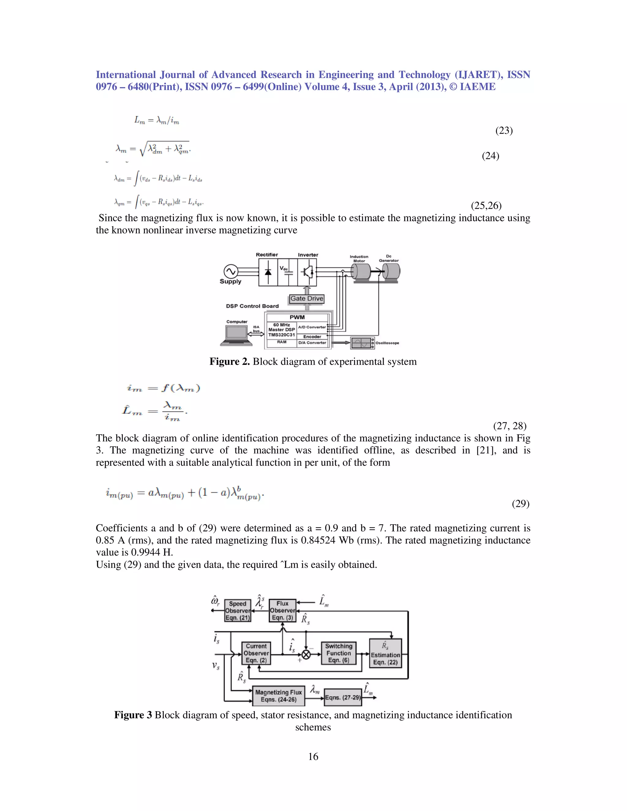 International Journal of Advanced Research in Engineering and Technology (IJARET), ISSN 0976 – 6480(Print), ISSN 0976 – 6499(Online) Volume 4, Issue 3, April (2013), © IAEME 16 (23) (24) (25,26) Since the magnetizing flux is now known, it is possible to estimate the magnetizing inductance using the known nonlinear inverse magnetizing curve Figure 2. Block diagram of experimental system (27, 28) The block diagram of online identification procedures of the magnetizing inductance is shown in Fig 3. The magnetizing curve of the machine was identified offline, as described in [21], and is represented with a suitable analytical function in per unit, of the form (29) Coefficients a and b of (29) were determined as a = 0.9 and b = 7. The rated magnetizing current is 0.85 A (rms), and the rated magnetizing flux is 0.84524 Wb (rms). The rated magnetizing inductance value is 0.9944 H. Using (29) and the given data, the required ˆLm is easily obtained. Figure 3 Block diagram of speed, stator resistance, and magnetizing inductance identification schemes 