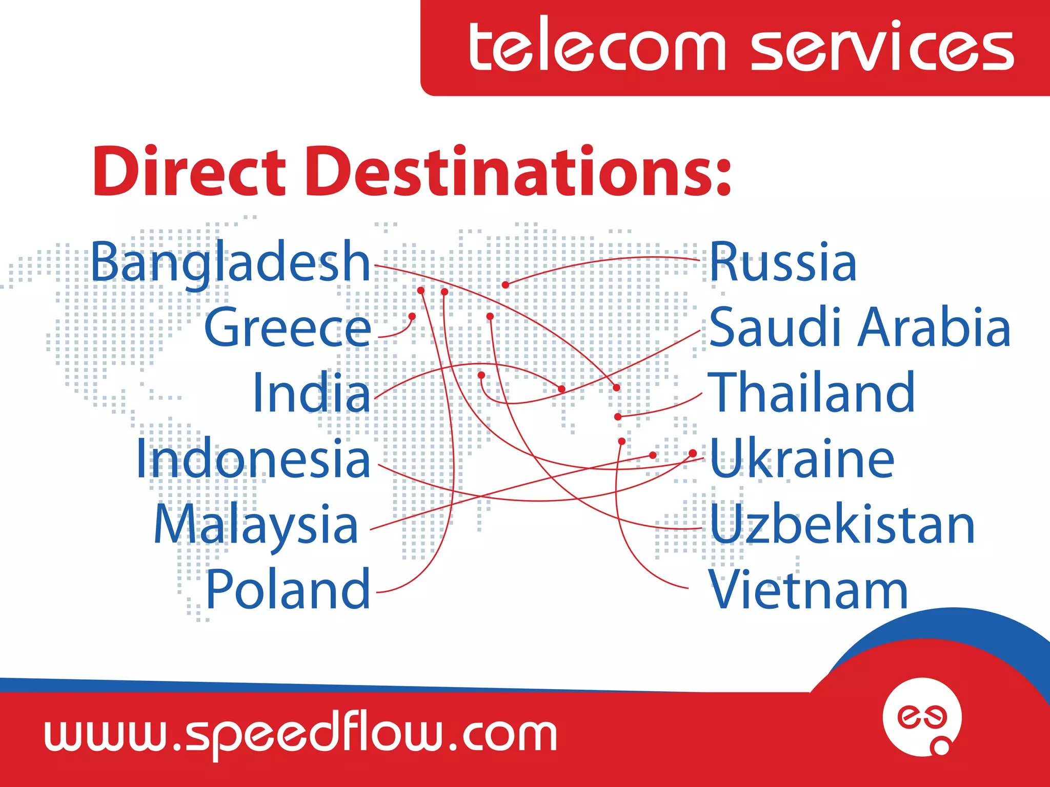 telecom services
 Direct Destinations:
 Bangladesh            Russia
      Greece           Saudi Arabia
        India          Thailand
   Indonesia           Ukraine
    Malaysia           Uzbekistan
      Poland           Vietnam

www.speedflow.com
 
