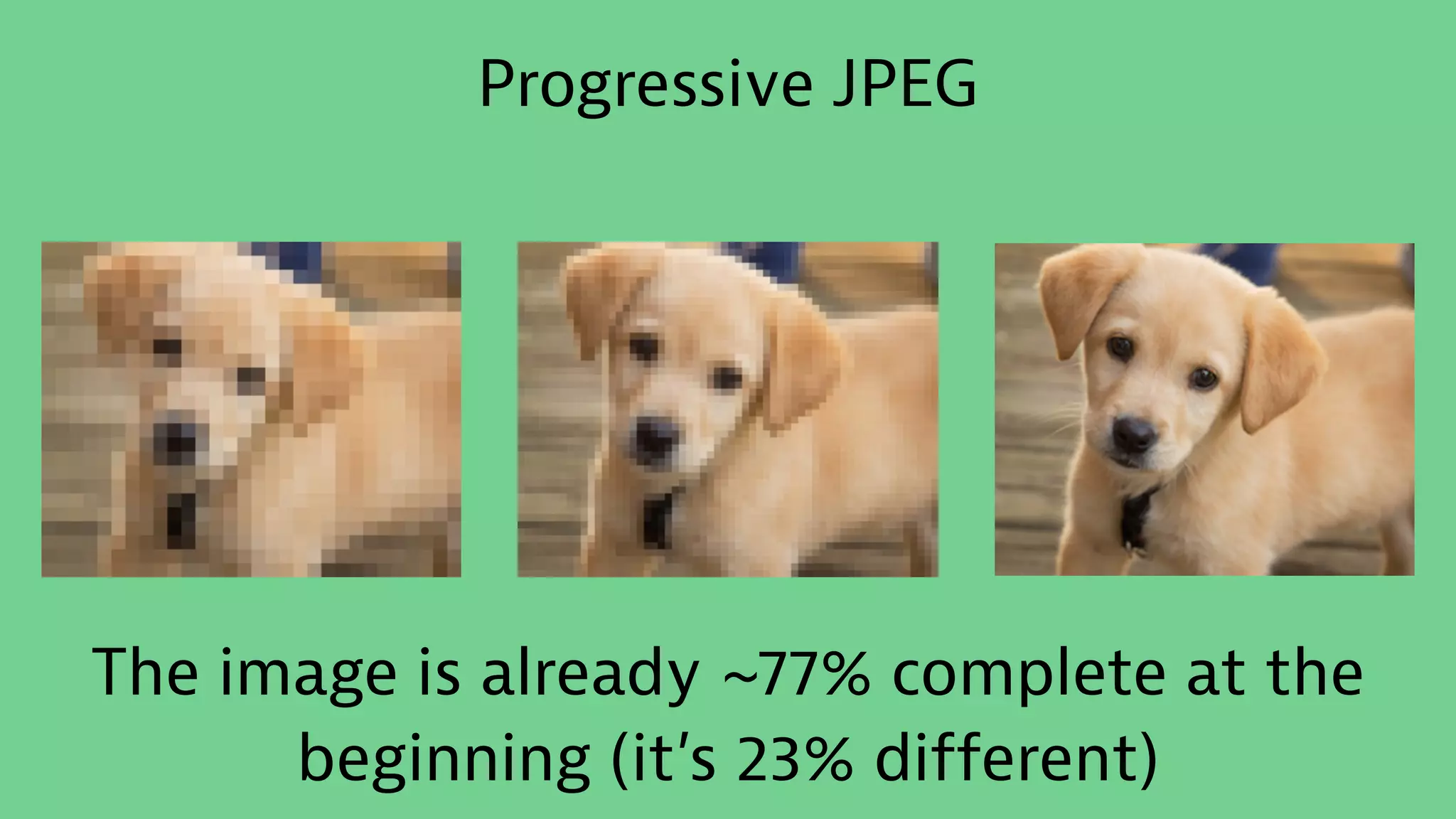 Progressive JPEG
The image is already ~77% complete at the
beginning (it’s 23% different)
 