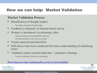 How we can help:  Market Validation Market Validation Process Identification of thought leaders  Secondary research and client input Feedback is obtained via Internet-based survey Product is introduced via streaming video Script assistance from SecureBNE and L&A Inventor describes in his / her own words Trends analyzed and identified Drill-down interviews conducted for better understanding of underlying issues Validation report contains hard data + qualitative findings Lowers investment risk in new technology Hard data provides indisputable proof of marketability 