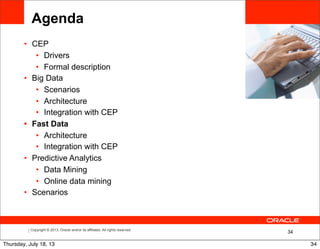 Copyright © 2013, Oracle and/or its affiliates. All rights reserved.
34
<Insert Picture Here>
Agenda
• CEP
• Drivers
• Formal description
• Big Data
• Scenarios
• Architecture
• Integration with CEP
• Fast Data
• Architecture
• Integration with CEP
• Predictive Analytics
• Data Mining
• Online data mining
• Scenarios
34Thursday, July 18, 13
 