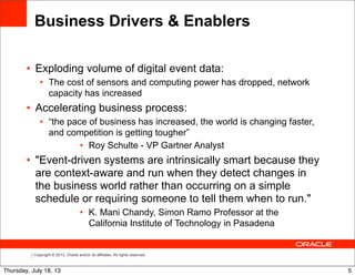 Copyright © 2013, Oracle and/or its affiliates. All rights reserved.
Business Drivers & Enablers
• Exploding volume of digital event data:
• The cost of sensors and computing power has dropped, network
capacity has increased
• Accelerating business process:
• “the pace of business has increased, the world is changing faster,
and competition is getting tougher”
• Roy Schulte - VP Gartner Analyst
• "Event-driven systems are intrinsically smart because they
are context-aware and run when they detect changes in
the business world rather than occurring on a simple
schedule or requiring someone to tell them when to run."
• K. Mani Chandy, Simon Ramo Professor at the
California Institute of Technology in Pasadena
5Thursday, July 18, 13
 