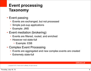 Copyright © 2013, Oracle and/or its affiliates. All rights reserved.
Event processing
Taxonomy
• Event passing
• Events are exchanged, but not processed
• Simple pub-sup applications
• Example: JMS
• Event mediation (brokering)
• Events are filtered, routed, and enriched
• However not state-full
• Example: ESB
• Complex Event Processing
• Events are aggregated and new complex events are created
• Extremely state-full
6Thursday, July 18, 13
 