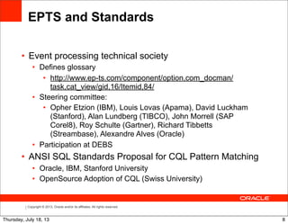 Copyright © 2013, Oracle and/or its affiliates. All rights reserved.
EPTS and Standards
• Event processing technical society
• Defines glossary
• http://www.ep-ts.com/component/option,com_docman/
task,cat_view/gid,16/Itemid,84/
• Steering committee:
• Opher Etzion (IBM), Louis Lovas (Apama), David Luckham
(Stanford), Alan Lundberg (TIBCO), John Morrell (SAP
Corel8), Roy Schulte (Gartner), Richard Tibbetts
(Streambase), Alexandre Alves (Oracle)
• Participation at DEBS
• ANSI SQL Standards Proposal for CQL Pattern Matching
• Oracle, IBM, Stanford University
• OpenSource Adoption of CQL (Swiss University)
8Thursday, July 18, 13
 