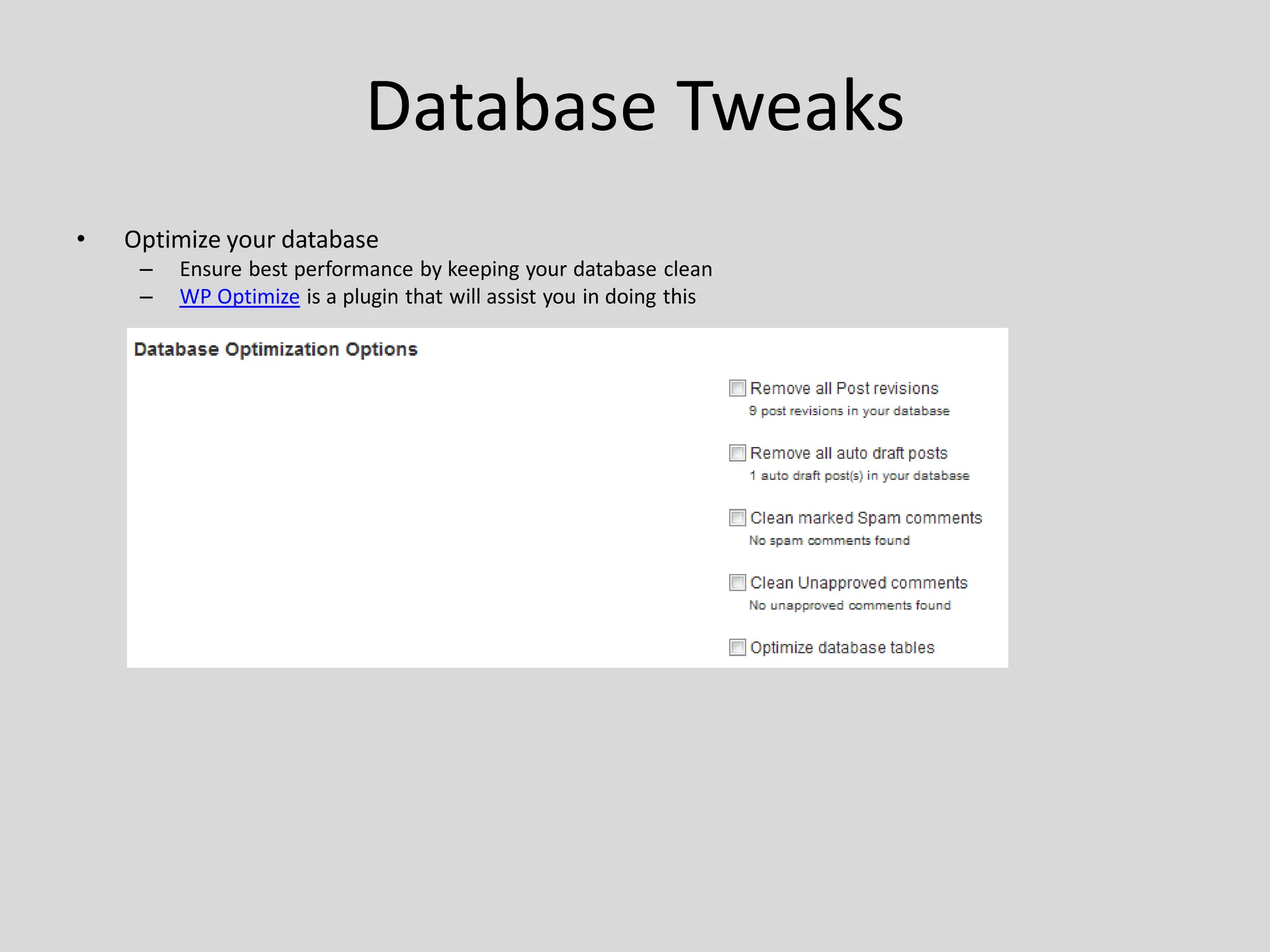 Database Tweaks
•   Optimize your database
     –   Ensure best performance by keeping your database clean
     –   WP Optimize is a plugin that will assist you in doing this
 