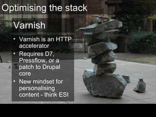 Varnish
• Varnish is an HTTP
accelerator
• Requires D7,
Pressflow, or a
patch to Drupal
core
• New mindset for
personalising
content - think ESI
Optimising the stack
 