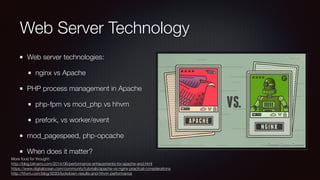 Web Server Technology
Web server technologies:
nginx vs Apache
PHP process management in Apache
php-fpm vs mod_php vs hhvm
prefork, vs worker/event
mod_pagespeed, php-opcache
When does it matter?
More food for thought:
http://blog.bitnami.com/2014/06/performance-enhacements-for-apache-and.html
https://www.digitalocean.com/community/tutorials/apache-vs-nginx-practical-considerations
http://hhvm.com/blog/9293/lockdown-results-and-hhvm-performance
Credit: Digital Ocean
 