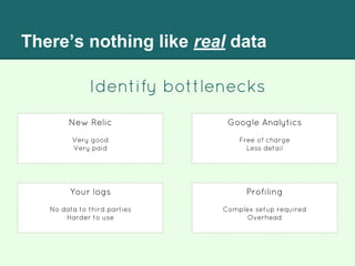 There’s nothing like real data
Identify bottlenecks
New Relic
Very good
Very paid
Google Analytics
Free of charge
Less detail
Your logs
No data to third parties
Harder to use
Profiling
Complex setup required
Overhead
 
