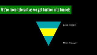 We’re more tolerant as we get further into funnels 
Less Tolerant 
More Tolerant 
 