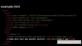 example.html 
<html> 
<head> 
<meta name="viewport" content="width=device-width,initial-scale=1.0"> 
<link href="styles.css" rel="stylesheet"> 
<link href="more-styles.css" rel="stylesheet"> 
<script src="script.js"></script> 
<script src="another-script.js"></script> 
<title>HTML Example</title> 
</head> 
<body> 
<h1>Title</h1> 
<p>Some introductory text and picture! <img src="image.jpg"/></p> 
<p>Some more text and another picture! <img src="image-2.jpg"/></p> 
</body> 
</html> 
GET /image-2.jpg HTTP/1.1 
 