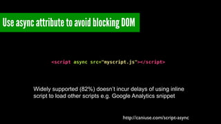 Use async attribute to avoid blocking DOM 
! 
<script async src="myscript.js"></script> 
Widely supported (82%) doesn’t incur delays of using inline 
script to load other scripts e.g. Google Analytics snippet 
http://caniuse.com/script-async 
 