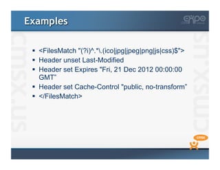 Examples

   <FilesMatch "(?i)^.*.(ico|jpg|jpeg|png|js|css)$">
   Header unset Last-Modified
   Header set Expires "Fri, 21 Dec 2012 00:00:00
    GMT”
   Header set Cache-Control "public, no-transform”
   </FilesMatch>
 