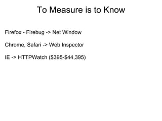 To Measure is to Know

Firefox - Firebug -> Net Window

Chrome, Safari -> Web Inspector

IE -> HTTPWatch ($395-$44,395)
 
