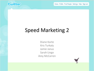 Speed Marketing 2

      Diane Korte
      Kris Turkaly
      Jamie Janus
      Sarah Lingo
     Amy McCarren
 