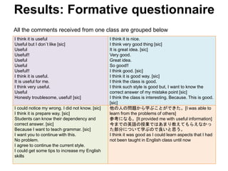 All the comments received from one class are grouped below
Results: Formative questionnaire
I think it is useful
Useful bu...