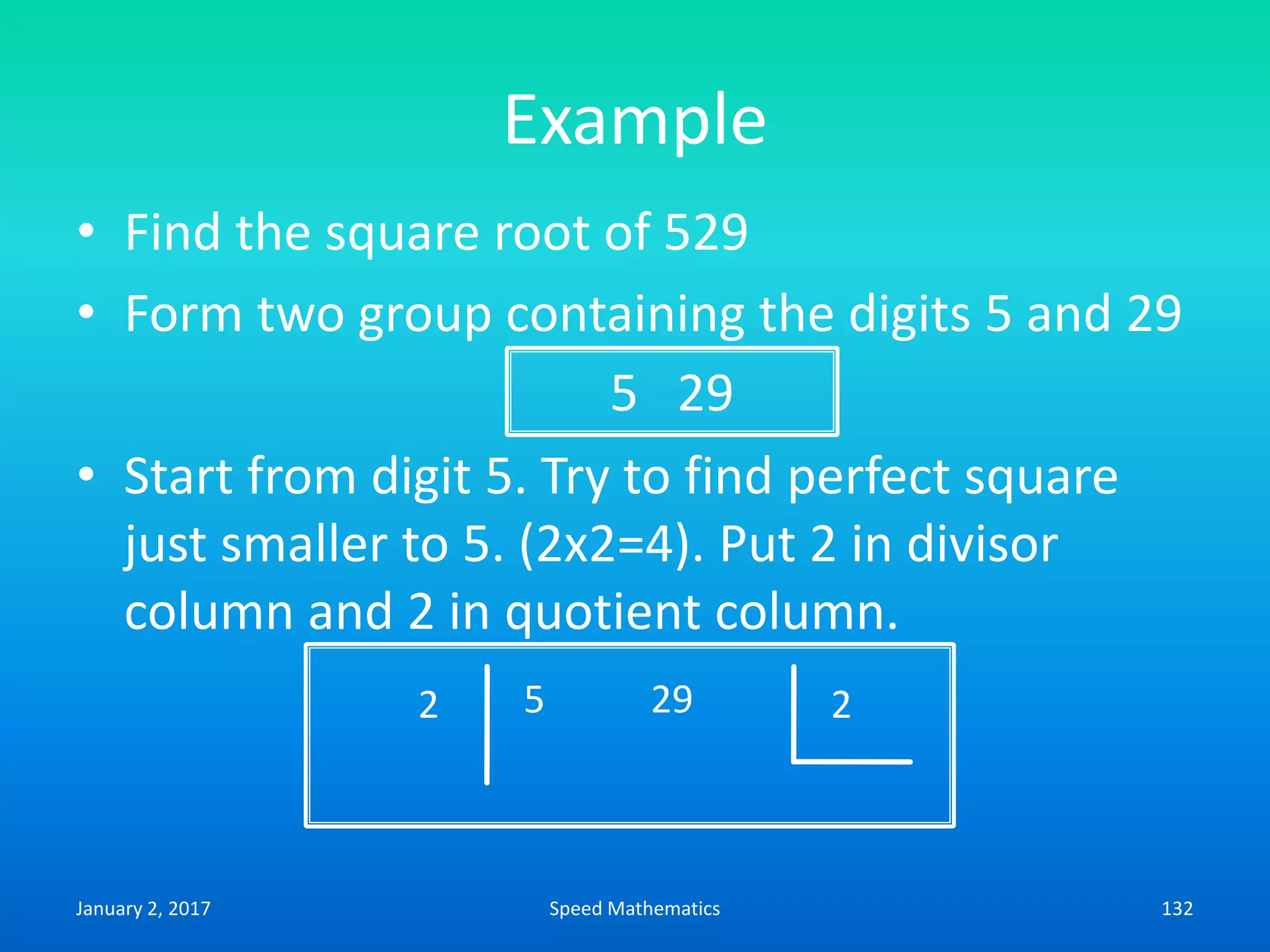 Example
• Find the square root of 529
• Form two group containing the digits 5 and 29
• Start from digit 5. Try to find perfect square
just smaller to 5. (2x2=4). Put 2 in divisor
column and 2 in quotient column.
5 29
2 5 29 2
January 2, 2017 132Speed Mathematics
 