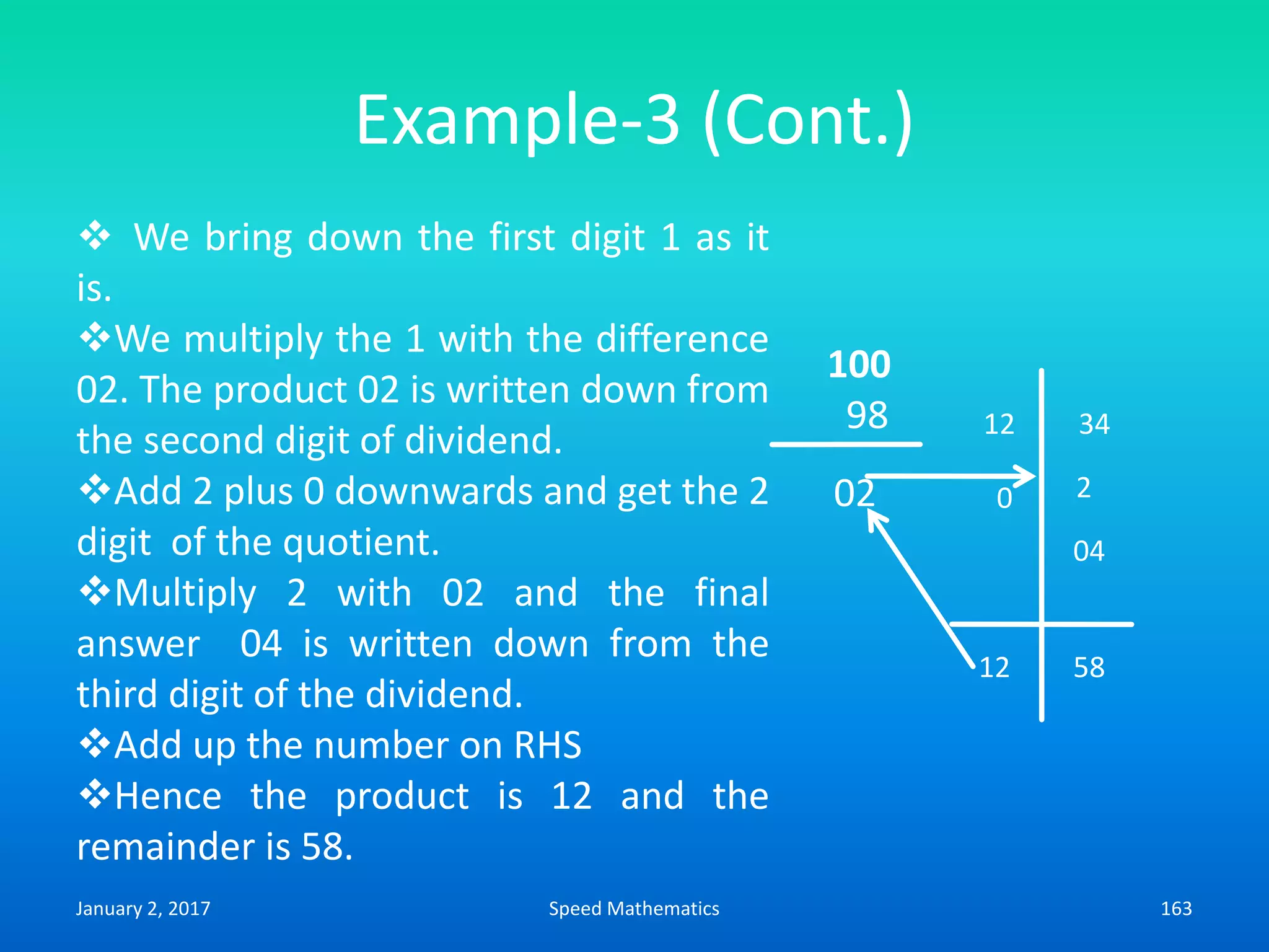 Example-3 (Cont.)
 We bring down the first digit 1 as it
is.
We multiply the 1 with the difference
02. The product 02 is written down from
the second digit of dividend.
Add 2 plus 0 downwards and get the 2
digit of the quotient.
Multiply 2 with 02 and the final
answer 04 is written down from the
third digit of the dividend.
Add up the number on RHS
Hence the product is 12 and the
remainder is 58.
0
100
98
02
12 34
12 58
2
04
January 2, 2017 163Speed Mathematics
 