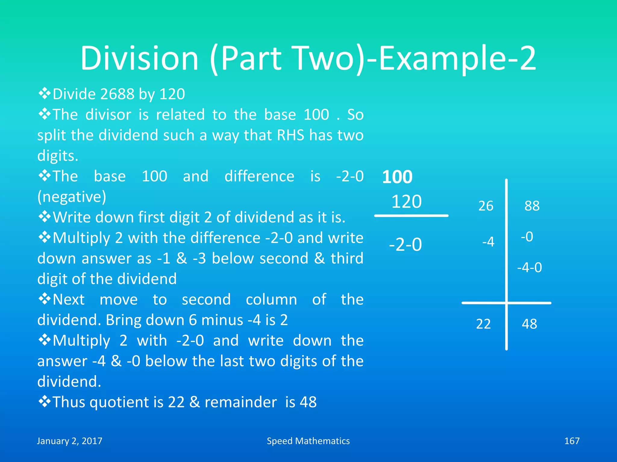 Division (Part Two)-Example-2
-4
100
120
-2-0
26 88
22 48
-0
-4-0
Divide 2688 by 120
The divisor is related to the base 100 . So
split the dividend such a way that RHS has two
digits.
The base 100 and difference is -2-0
(negative)
Write down first digit 2 of dividend as it is.
Multiply 2 with the difference -2-0 and write
down answer as -1 & -3 below second & third
digit of the dividend
Next move to second column of the
dividend. Bring down 6 minus -4 is 2
Multiply 2 with -2-0 and write down the
answer -4 & -0 below the last two digits of the
dividend.
Thus quotient is 22 & remainder is 48
January 2, 2017 167Speed Mathematics
 