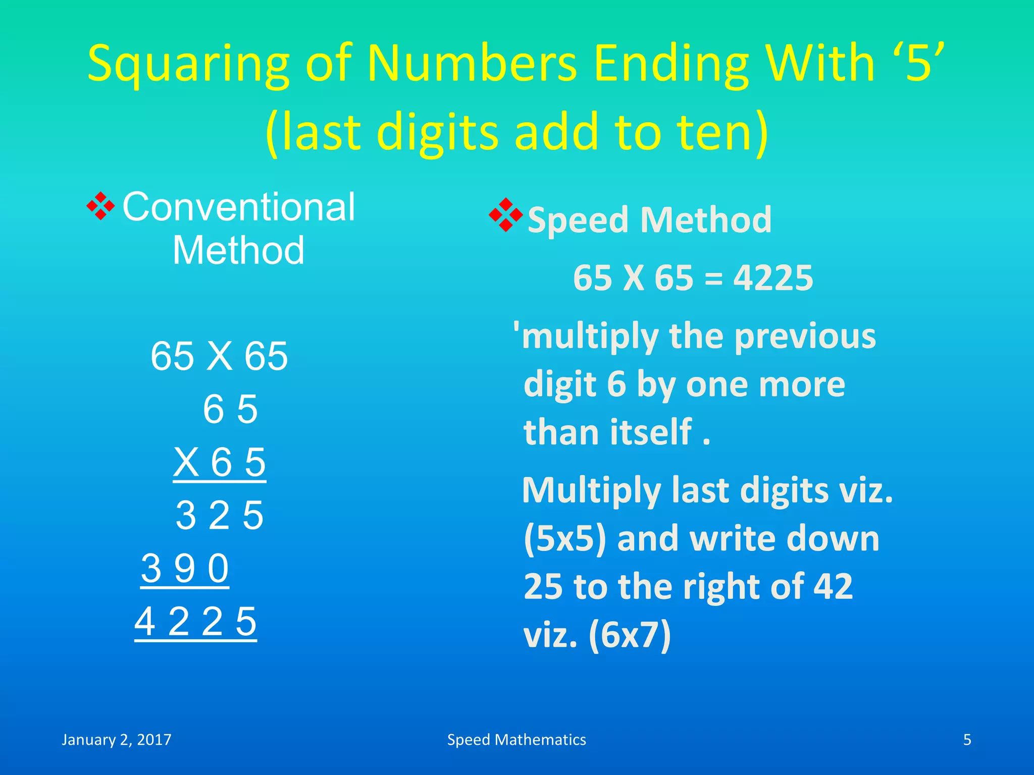 Squaring of Numbers Ending With ‘5’
(last digits add to ten)
Conventional
Method
65 X 65
6 5
X 6 5
3 2 5
3 9 0
4 2 2 5
Speed Method
65 X 65 = 4225
'multiply the previous
digit 6 by one more
than itself .
Multiply last digits viz.
(5x5) and write down
25 to the right of 42
viz. (6x7)
January 2, 2017 5Speed Mathematics
 