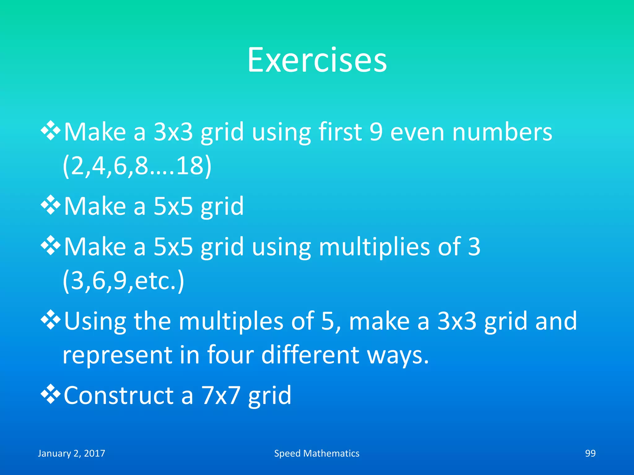 Exercises
Make a 3x3 grid using first 9 even numbers
(2,4,6,8….18)
Make a 5x5 grid
Make a 5x5 grid using multiplies of 3
(3,6,9,etc.)
Using the multiples of 5, make a 3x3 grid and
represent in four different ways.
Construct a 7x7 grid
January 2, 2017 99Speed Mathematics
 