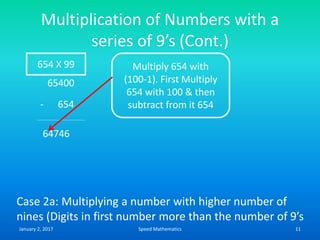 Multiplication of Numbers with a
series of 9’s (Cont.)
65400
- 654
64746
Multiply 654 with
(100-1). First Multiply
654 with 100 & then
subtract from it 654
Case 2a: Multiplying a number with higher number of
nines (Digits in first number more than the number of 9’s
654 X 99
January 2, 2017 11Speed Mathematics
 