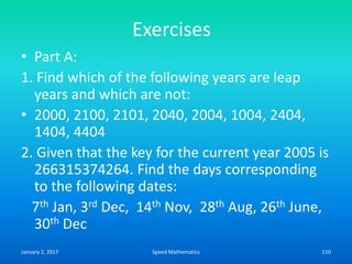 Exercises
• Part A:
1. Find which of the following years are leap
years and which are not:
• 2000, 2100, 2101, 2040, 2004, 1004, 2404,
1404, 4404
2. Given that the key for the current year 2005 is
266315374264. Find the days corresponding
to the following dates:
7th Jan, 3rd Dec, 14th Nov, 28th Aug, 26th June,
30th Dec
January 2, 2017 110Speed Mathematics
 