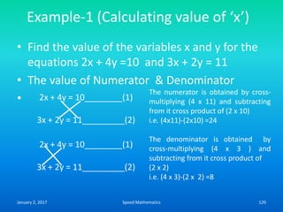 Example-1 (Calculating value of ‘x’)
• Find the value of the variables x and y for the
equations 2x + 4y =10 and 3x + 2y = 11
• The value of Numerator & Denominator
•
The numerator is obtained by cross-
multiplying (4 x 11) and subtracting
from it cross product of (2 x 10)
i.e. (4x11)-(2x10) =24
The denominator is obtained by
cross-multiplying (4 x 3 ) and
subtracting from it cross product of
(2 x 2)
i.e. (4 x 3)-(2 x 2) =8
2x + 4y = 10________(1)
3x + 2y = 11_________(2)
2x + 4y = 10________(1)
3x + 2y = 11_________(2)
January 2, 2017 120Speed Mathematics
 
