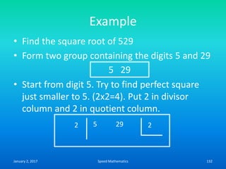 Example
• Find the square root of 529
• Form two group containing the digits 5 and 29
• Start from digit 5. Try to find perfect square
just smaller to 5. (2x2=4). Put 2 in divisor
column and 2 in quotient column.
5 29
2 5 29 2
January 2, 2017 132Speed Mathematics
 