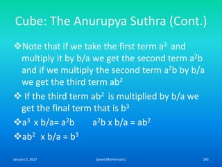 Cube: The Anurupya Suthra (Cont.)
Note that if we take the first term a3 and
multiply it by b/a we get the second term a2b
and if we multiply the second term a2b by b/a
we get the third term ab2
 If the third term ab2 is multiplied by b/a we
get the final term that is b3
a3 x b/a= a2b a2b x b/a = ab2
ab2 x b/a = b3
January 2, 2017 145Speed Mathematics
 