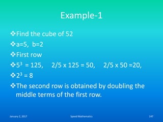 Example-1
Find the cube of 52
a=5, b=2
First row
53 = 125, 2/5 x 125 = 50, 2/5 x 50 =20,
23 = 8
The second row is obtained by doubling the
middle terms of the first row.
January 2, 2017 147Speed Mathematics
 