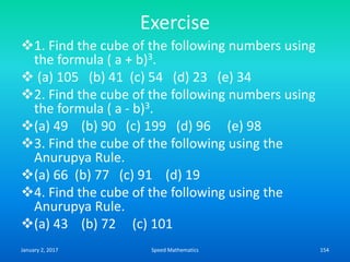 Exercise
1. Find the cube of the following numbers using
the formula ( a + b)3.
 (a) 105 (b) 41 (c) 54 (d) 23 (e) 34
2. Find the cube of the following numbers using
the formula ( a - b)3.
(a) 49 (b) 90 (c) 199 (d) 96 (e) 98
3. Find the cube of the following using the
Anurupya Rule.
(a) 66 (b) 77 (c) 91 (d) 19
4. Find the cube of the following using the
Anurupya Rule.
(a) 43 (b) 72 (c) 101
January 2, 2017 154Speed Mathematics
 