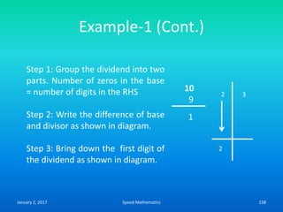 Example-1 (Cont.)
10
9
1
2 3
2
Step 1: Group the dividend into two
parts. Number of zeros in the base
= number of digits in the RHS
Step 2: Write the difference of base
and divisor as shown in diagram.
Step 3: Bring down the first digit of
the dividend as shown in diagram.
January 2, 2017 158Speed Mathematics
 