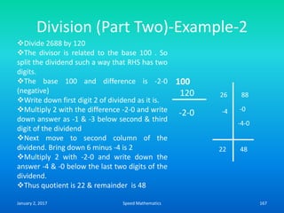 Division (Part Two)-Example-2
-4
100
120
-2-0
26 88
22 48
-0
-4-0
Divide 2688 by 120
The divisor is related to the base 100 . So
split the dividend such a way that RHS has two
digits.
The base 100 and difference is -2-0
(negative)
Write down first digit 2 of dividend as it is.
Multiply 2 with the difference -2-0 and write
down answer as -1 & -3 below second & third
digit of the dividend
Next move to second column of the
dividend. Bring down 6 minus -4 is 2
Multiply 2 with -2-0 and write down the
answer -4 & -0 below the last two digits of the
dividend.
Thus quotient is 22 & remainder is 48
January 2, 2017 167Speed Mathematics
 