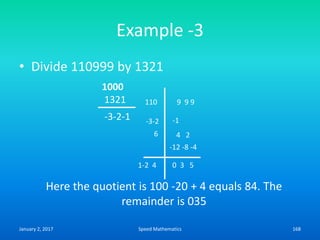 Example -3
• Divide 110999 by 1321
-3-2
1000
1321
-3-2-1
110 9 9 9
1-2 4 0 3 5
-1
4 26
-12 -8 -4
Here the quotient is 100 -20 + 4 equals 84. The
remainder is 035
January 2, 2017 168Speed Mathematics
 