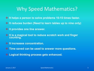 Why Speed Mathematics?
 It helps a person to solve problems 10-15 times faster.
 It reduces burden (Need to learn tables up to nine only)
 It provides one line answer.
 It is a magical tool to reduce scratch work and finger
counting.
 It increases concentration.
 Time saved can be used to answer more questions.
 Logical thinking process gets enhanced.
January 2, 2017 3Speed Mathematics
 