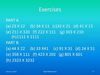 Exercises
PART A
(a) 23 X 12 (b) 34 X 11 (c)33 X 21 (d) 41 X 13
(e) 211 X 320 (f) 222 X 111 (g) 303 X 210
(h)1111 X 1111
PART B
(a) 44 X 22 (b) 33 X41 (c) 91 X 31 (d) 24 X 51
(e) 358 X 111 (f) 423 X 202 (g) 801 X 601
(h) 2323 X 3232
January 2, 2017 37Speed Mathematics
 