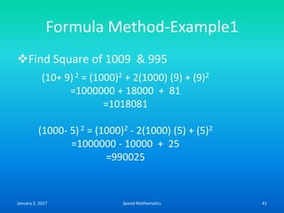 Formula Method-Example1
Find Square of 1009 & 995
(10+ 9) 2 = (1000)2 + 2(1000) (9) + (9)2
=1000000 + 18000 + 81
=1018081
(1000- 5) 2 = (1000)2 - 2(1000) (5) + (5)2
=1000000 - 10000 + 25
=990025
January 2, 2017 41Speed Mathematics
 