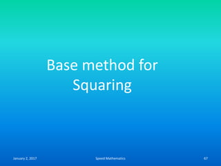 January 2, 2017 Speed Mathematics 67
Base method for
Squaring
 