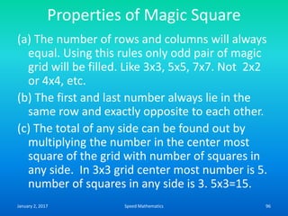 Properties of Magic Square
(a) The number of rows and columns will always
equal. Using this rules only odd pair of magic
grid will be filled. Like 3x3, 5x5, 7x7. Not 2x2
or 4x4, etc.
(b) The first and last number always lie in the
same row and exactly opposite to each other.
(c) The total of any side can be found out by
multiplying the number in the center most
square of the grid with number of squares in
any side. In 3x3 grid center most number is 5.
number of squares in any side is 3. 5x3=15.
January 2, 2017 96Speed Mathematics
 
