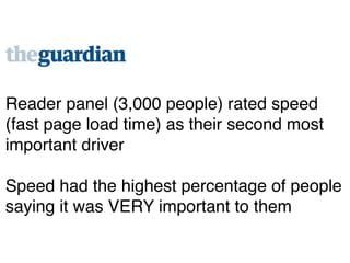 Reader panel (3,000 people) rated speed
(fast page load time) as their second most
important driver!
!
Speed had the highest percentage of people
saying it was VERY important to them
 