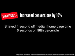 increased conversions by 10%
http://www.slideshare.net/cliffcrocker/velocity-ny-how-to-measure-revenue-in-milliseconds
Shaved 1 second off median home page time!
6 seconds off 98th percentile
 