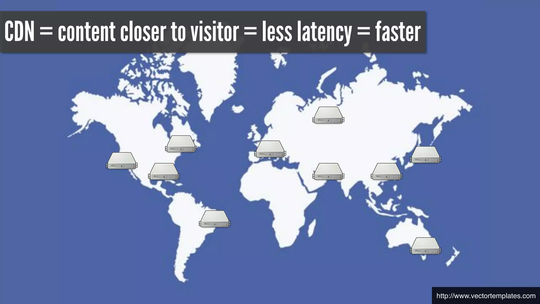 http://www.vectortemplates.com
CDN = content closer to visitor = less latency = faster
 