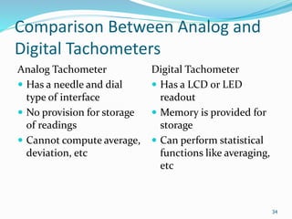 Comparison Between Analog and
Digital Tachometers
Analog Tachometer
 Has a needle and dial
type of interface
 No provision for storage
of readings
 Cannot compute average,
deviation, etc
Digital Tachometer
 Has a LCD or LED
readout
 Memory is provided for
storage
 Can perform statistical
functions like averaging,
etc
34
 