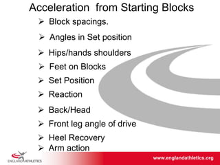 www.englandathletics.org/east
www.englandathletics.org
 Block spacings.
 Angles in Set position
 Hips/hands shoulders
 Feet on Blocks
 Set Position
 Reaction
Acceleration from Starting Blocks
 Back/Head
 Front leg angle of drive
 Heel Recovery
 Arm action
 