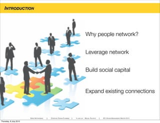 Why people network?
SPEED NETWORKING ! STRATEGIC DESIGN PLANNING ! YI-LING LIN - MIGUEL PACHECO ! IED, DESIGN MANAGEMENT MASTER 2010
INTRODUCTION
Leverage network
Expand existing connections
Build social capital
Thursday, 8 July 2010
 